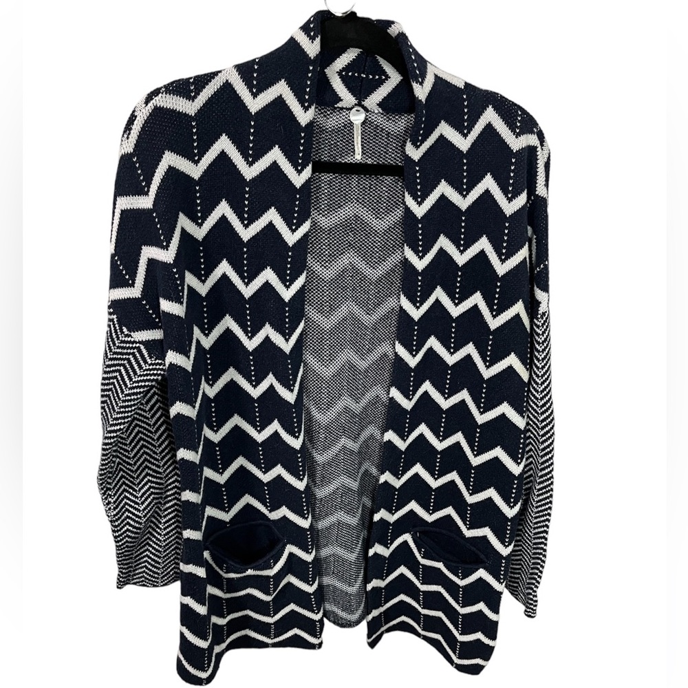 Margaret O’Leary Navy Cardigan Sweater Mixed Chevron Long Line Size Medium
